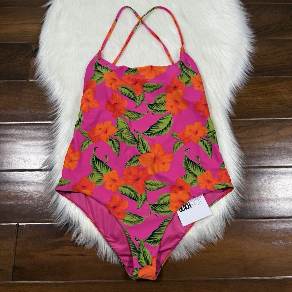 Beach Riot Women's Size Large Hibiscus Sunset Floral‎ Stevie One Piece Swim Suit